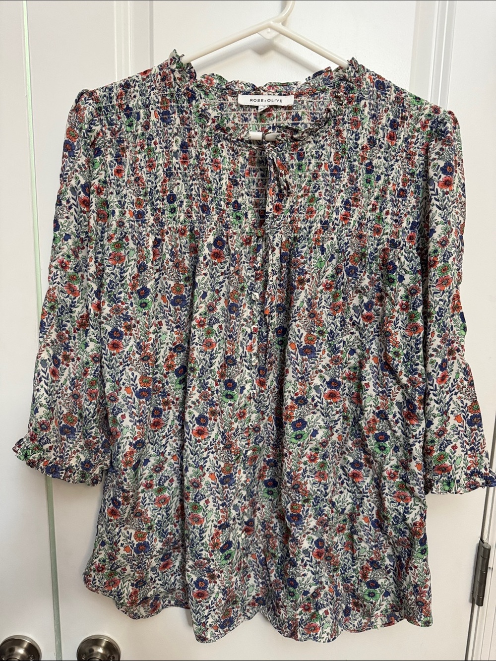 Rose & Olive White Floral Smocked Tie-Neck Blouse with Blue & Red Flowers